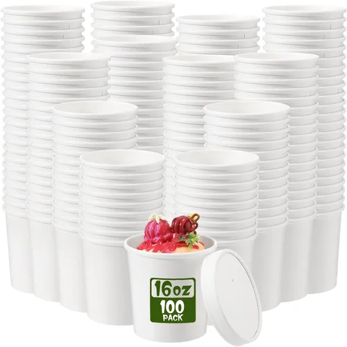 Vista 20 de Fulmoon Paquete de 100 recipientes de papel para sopa con tapas, recipientes de papel desechables para alimentos con tapa ventilada, tazas de postre