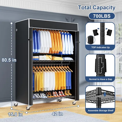 Vista 2 de ULIFHOME P8C Pro - Perchero resistente (con diseño de ancho extendido) para colgar ropa con ruedas bloqueables, 42 pulgadas de ancho x 15.8 pulgadas