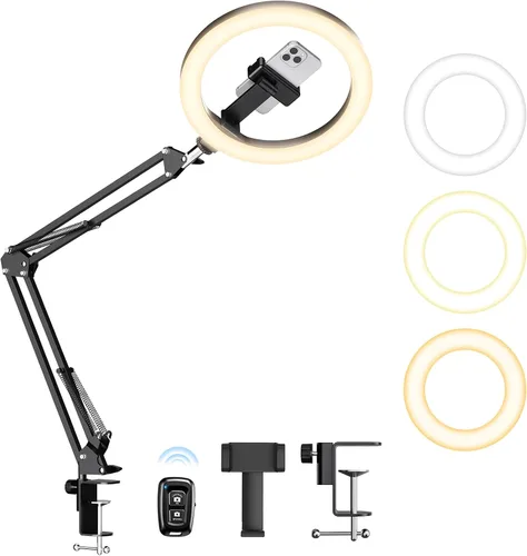 Vista 11 de LUXSURE Trípode de luz de anillo para iPhone, anillo de luz con soporte y soporte para teléfono, soporte de cámara LED con ruedas, trípode