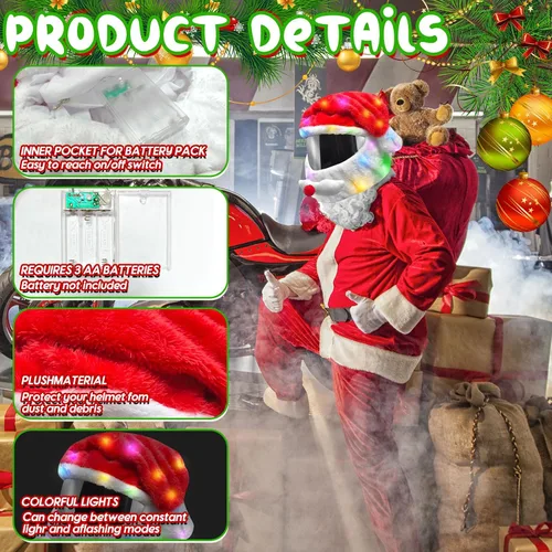 Vista 3 de Funda extra grande para casco de motocicleta de Papá Noel de Navidad con luz, sombrero de decoración de 30 x 15.8 pulgadas para hombres y mujeres