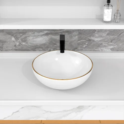 Vista 5 de Fregadero de recipiente blanco redondo - Fulorni 33x33 cm Lavabo de baño de cerámica de porcelana con borde dorado sobre encimera, fregadero