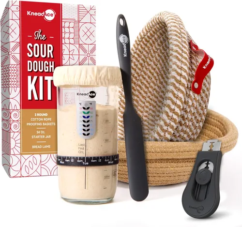 Vista 10 de Kit de Inicio de Masa Madre KneadAce – Tarro de Inicio de 24oz, 2 Cestas de Prueba Banneton de Cuerda de Algodón, Lama Magnética para Cortar