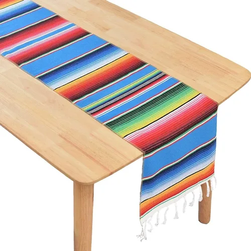 Vista 6 de BOXAN Camino de mesa de serape mexicano para decoración de boda, picnic al aire libre, mesa de comedor, manta de algodón con flecos, caminos de mesa