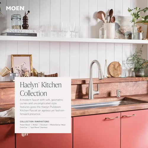 Vista 4 de Moen Haelyn - Grifo de cocina monocontrol con rociador extraíble cromado con potencia para una limpieza más rápida, dispensador de jabón incluido