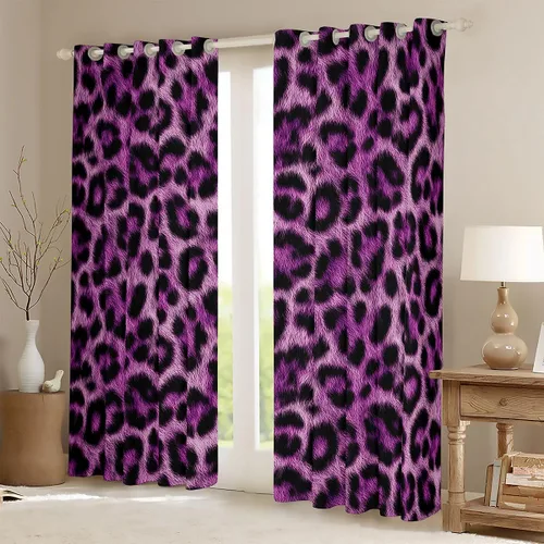 Vista 2 de Feelyou Purple Leopard Print Blackout Curtains Black Wild Safari Darkening Drapes for Bedroom Living Room Decor Cheetah Fur Wildlife Thermal