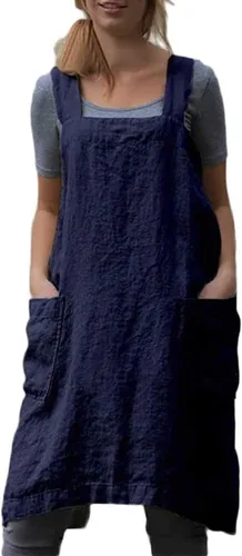 Vista 7 de Delantal Pinafore con espalda cruzada con bolsillos, delantal de lino y algodón, talla grande