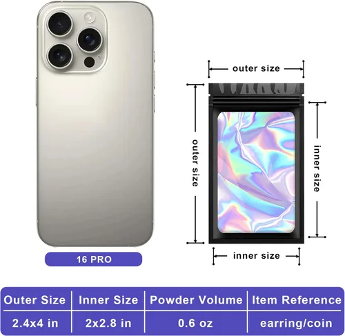 Vista 3 de 300 bolsas holográficas de Mylar a granel, bolsas resellables a prueba de olores con ventana transparente, bolsa de aluminio para pequeñas empresas