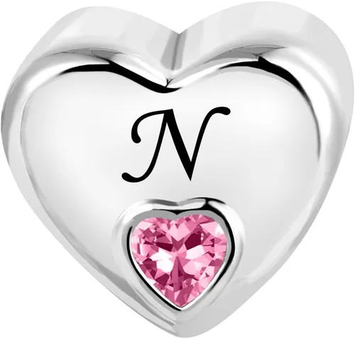 Vista 2 de KunBead Dijes de cuentas con letras iniciales de la A a la Z con forma de corazón rosa, compatibles con pulseras Pandora para mujer