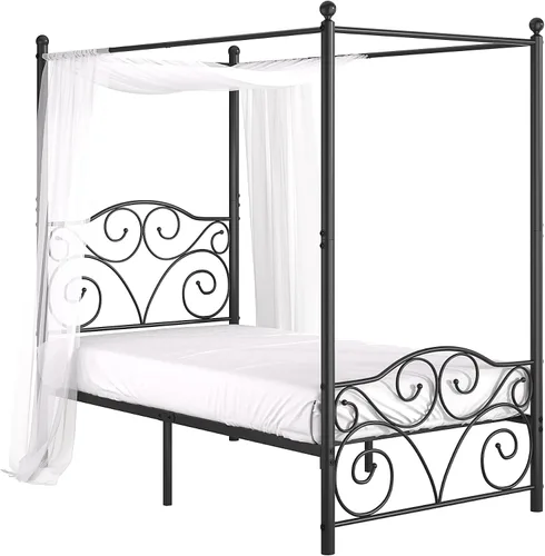 Vista 8 de VECELO Base de cama con dosel de metal, tamaño individual, base de colchón con plataforma de 4 pósteres con cabecero, soporte de listones de acero