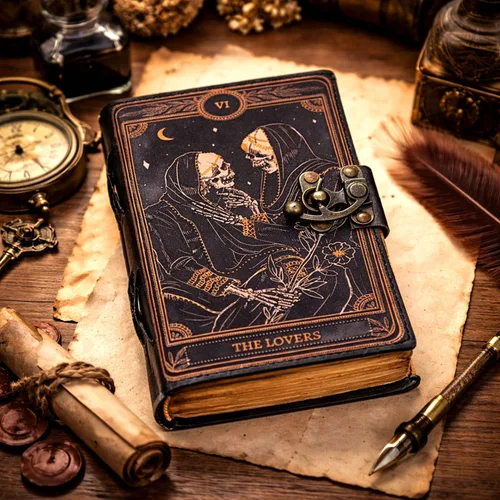 Vista 9 de C CUERO Libro de hechizos Diario de cuero con borde deckle de papel Grimorio impreso diario de los amantes del tarot, cuaderno de tarot en espiral