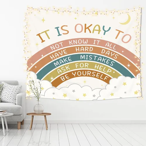 Vista 3 de Imirell Tapiz bohemio con citas positivas de arco iris, 59 pulgadas de ancho x 51 pulgadas de alto, palabras motivacionales inspiradoras para niños