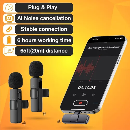 Vista 3 de PowerDeWise Micrófono de solapa Lavalier inalámbrico profesional para iPhone, iPad - Micrófono de grabación de condensador omnidireccional dual