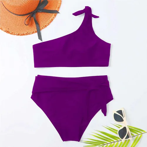 Vista 2 de LOOKAA Bikini Sets for Women Swimwear Bikini Solid Vintage Print Sexy One Shoulder Strap Two Piece Swimsuits for Women