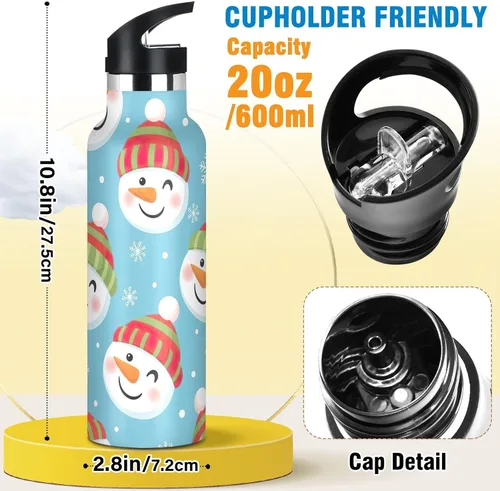 Vista 2 de Kids Water Bottle with Straw Leakproof Insulated Water Bottle 20oz, BPA-Free, Cute Snowman Blue