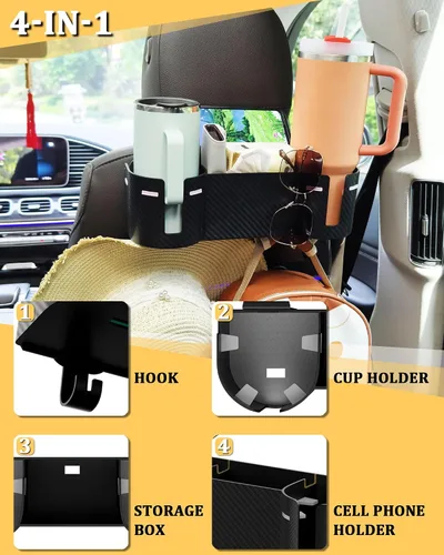 Vista 4 de Soporte para portavasos de asiento trasero de automóvil de 3.7 pulgadas con organizador, organizador de respaldo de asiento 4 en 1 de alta capacidad
