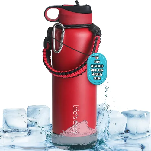 Vista 7 de Life's Easy Botella de agua aislada de acero inoxidable – Botella de agua deportiva con mango de bucle y tapa de popote de silicona biónico – Frasco