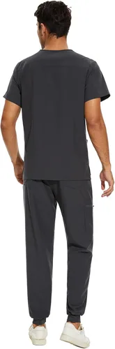 Vista 2 de COZYFIT Conjunto de ropa quirúrgica para hombre camiseta elástica con cuello en V y pantalón deportivo con 8 bolsillos, cintura de yoga, ropa