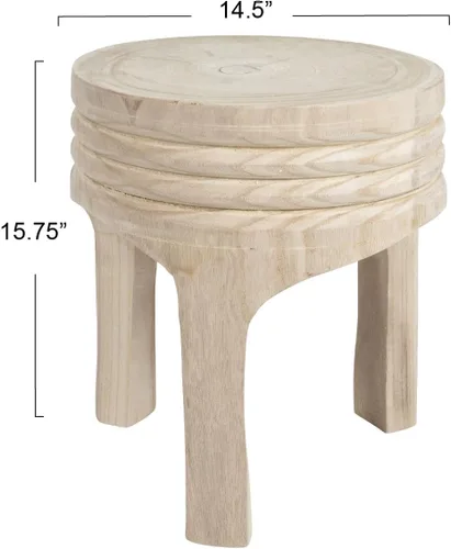 Vista 2 de Creative Co-Op Taburete de madera de Paulownia tallada a mano, estilo bohemio, natural