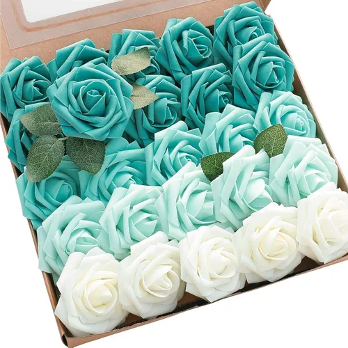 Vista 7 de Floroom Flores artificiales, 25 piezas de rosas falsas de espuma dorada antigua de aspecto real con tallos para ramos de boda DIY, centros de mesa