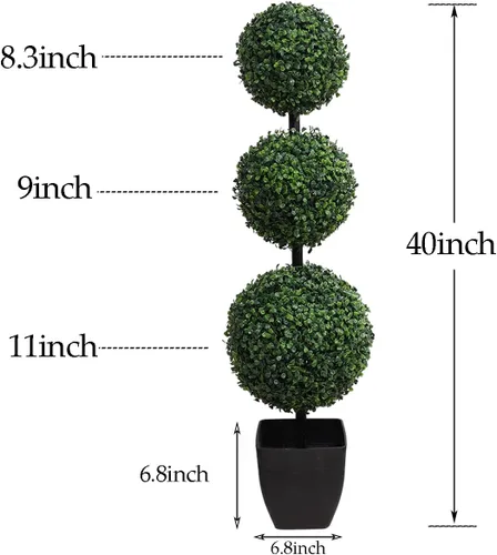 Vista 2 de momoplant Topiarios artificiales para exteriores, árbol de boj de triple bola de 3.3 pies (2 piezas), arbustos sintéticos, plantas en maceta