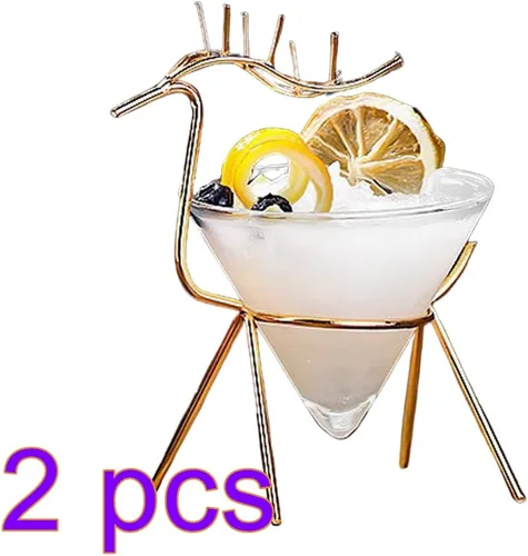 Vista 2 de Firlar Juego de 2 vasos de Martini, juego de entretenimiento de vidrio y metal, vasos de cóctel creativos de 5.4 onzas con soporte de cervatillo