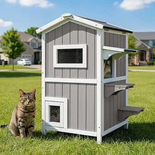Vista 12 de Casa cálida aislada para gatos de 2 pisos, refugio resistente a la intemperie para gatos con 2 plataformas, capas térmicas, 2 puertas de escape