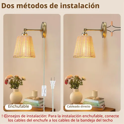 Vista 4 de Aplique de pared de ratán enchufable, pantalla de mimbre tejida a mano, juego de dos apliques de pared, lámpara de pared interior, juego de apliques