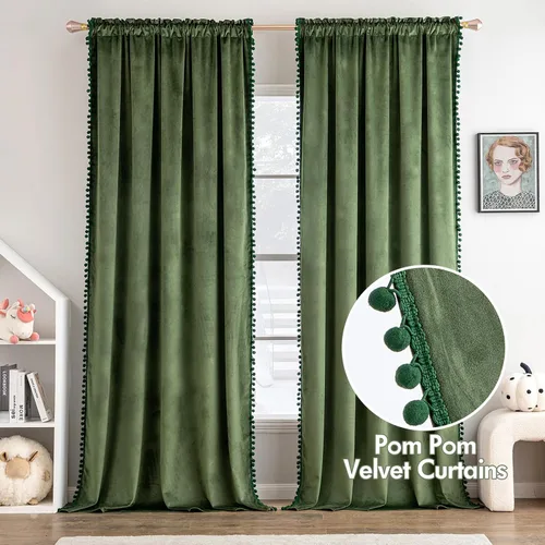 Vista 2 de MIULEE - Cortinas de terciopelo con pompón verde oliva para dormitorio/sala de estar, cortinas opacas de 84" de largo, con aislamiento térmico