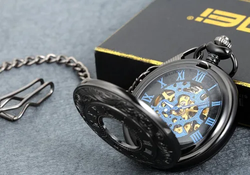 Vista 3 de lancardo clásico Carve Patrones Hollow esqueleto reloj de bolsillo con oro y azul Tono movimiento (2pcs)