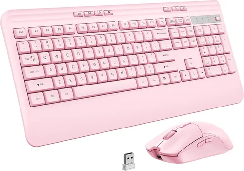 Vista 8 de KOPJIPPOM Juego de teclado y mouse inalámbricos con teclas silenciosas, teclado ergonómico de tamaño completo 2.4G con reposamuñecas, fundas Negro