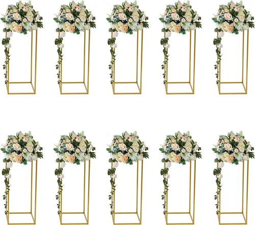 Vista 3 de 10 soportes dorados para flores de boda, jarrón geométrico rectangular, soporte de columna de metal, columnas para decoración del hogar, eventos