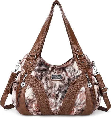 Vista 17 de Carteras y bolsos de mano para mujeres, bolso tote de moda, bolsos de hombro con asa superior, carteras tipo satchel de cuero sintético lavado