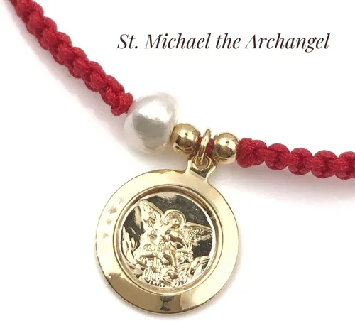Vista 7 de Handwoven Red Thread with Saint Michael Archangel Medal and Cultured Fresh Water Pearl - Catholic Protection Bracelet Adjustable Size for Women