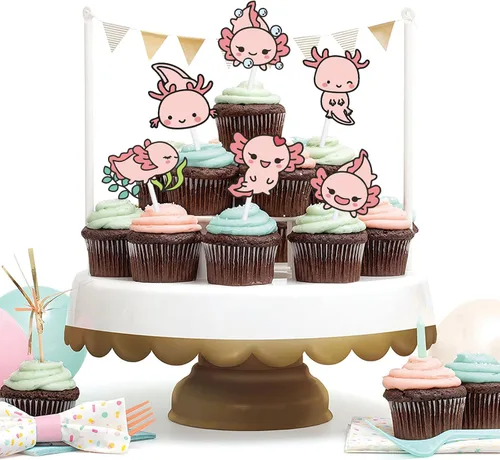 Vista 7 de 18 piezas de decoración de postre de ajolote rosa con purpurina, diseño de animales de dibujos animados, baby shower, niñas y niños, decoración