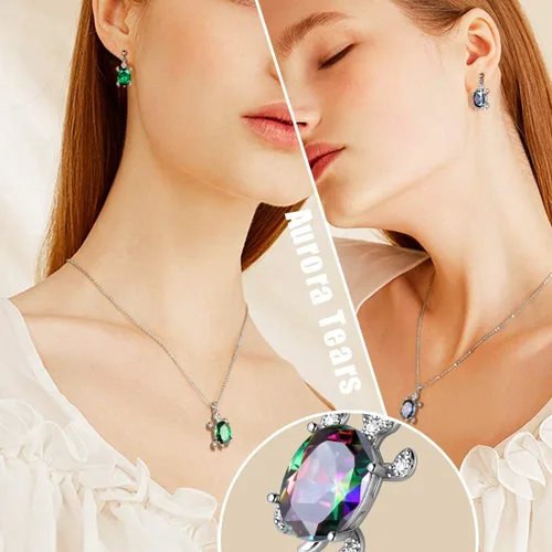 Vista 2 de Aurora Tears Tutrle Jewelry - Collar de plata de ley 925 para mujer, diseño de tortuga de animales marinos, pendientes, anillo, pulsera de circonita