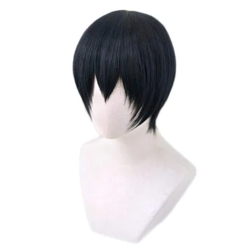 Vista 3 de Lwiuentx Haikyuu!! Cosplay kageyama tobio peluca corta y recta negra para hombres y mujeres, fiesta de Halloween + gorra de peluca gratis