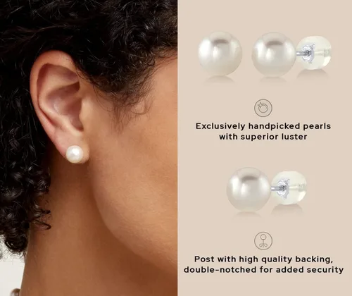 Vista 3 de THE PEARL SOURCE Aretes de perlas reales de Akoya japonesas blancas para mujer, aretes de oro de 14 quilates, hipoalergénicos con perlas cultivadas