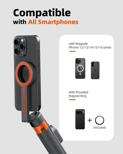 Vista 4 de TODI Trípode magnético de 65" para iPhone con control remoto, palo de selfie para iPhone Magsafe, soporte de trípode para teléfono celular