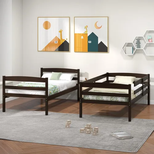 Vista 4 de KOMFOTT - Litera con tamaño doble sobre dos individuales, estructura de litera de madera con barandilla de longitud completa y escalera integrada