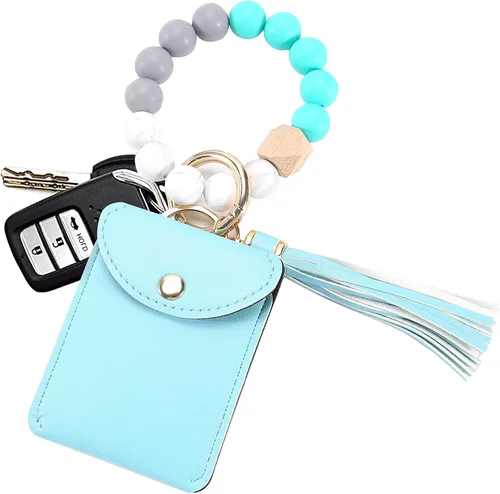 Vista 5 de Llavero de pulsera, pulsera de silicona con cuentas de llavero con tarjetero elástico para mujer