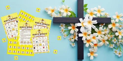 Vista 8 de FLYAB Juego de bingo bíblico para niños y adultos, tarjetas de bingo Amarillo