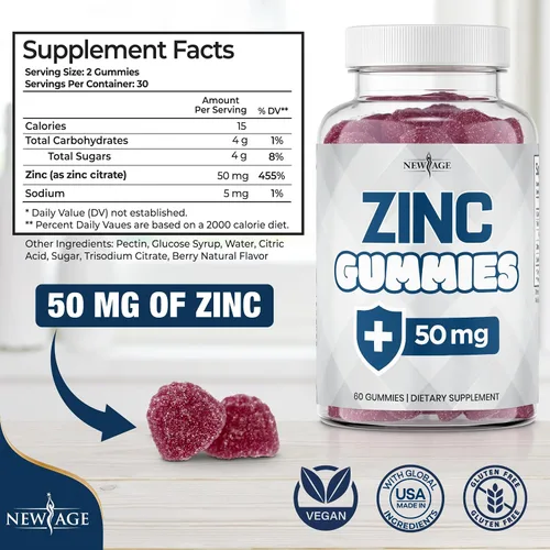 Vista 2 de NEW AGE Gomitas de zinc - Suplemento de zinc de 50 mg, suplemento inmunológico, antioxidante, sin OMG (60 unidades (paquete de 1))
