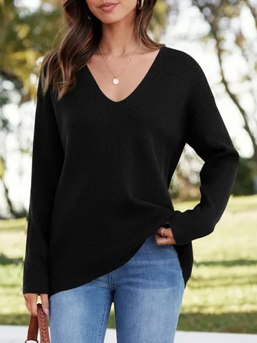 Vista 4 de Imily Bela Suéteres de gran tamaño con cuello en V profundo para mujer, sexy, de manga larga, suéter de punto elegante