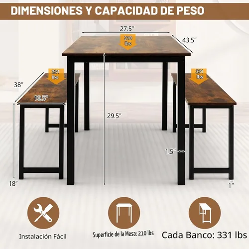 Vista 3 de NAFORT Juego de mesa de comedor para 4, mesa de cocina de 3 piezas con 2 bancos, mesa de comedor de 43.5 pulgadas que ahorra espacio con marco
