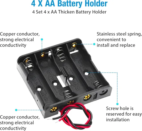 Vista 3 de Paquete de 4 soportes de batería AA gruesos con conector a presión estándar tipo I con cable