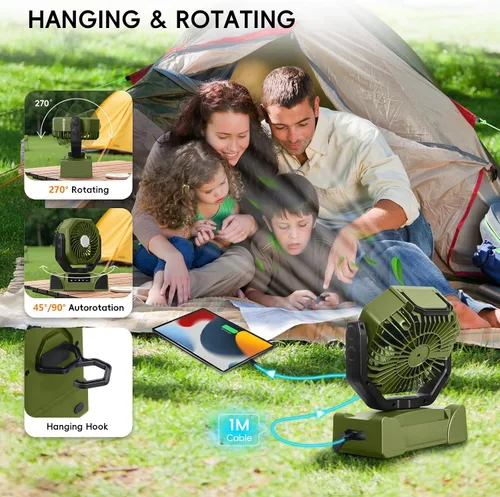 Vista 5 de Ventilador de camping portátil de 20000mAh, ventilador recargable alimentado por batería con control remoto y oscilación, pantalla LED, luz