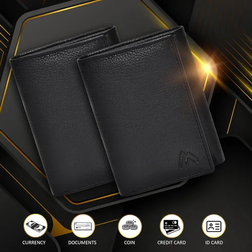 Vista 10 de Cartera de cuero RFID hecha a mano para hombres, elegante cartera de bolsillo frontal triple con 2 ranuras para identificación y 9 tarjetas, Azul