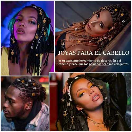 Vista 2 de 230 cuentas de joyería para el cabello, joyas de rastas para mujer, línea de cuerda dorada y plateada, anillos de metal para el cabello, dijes