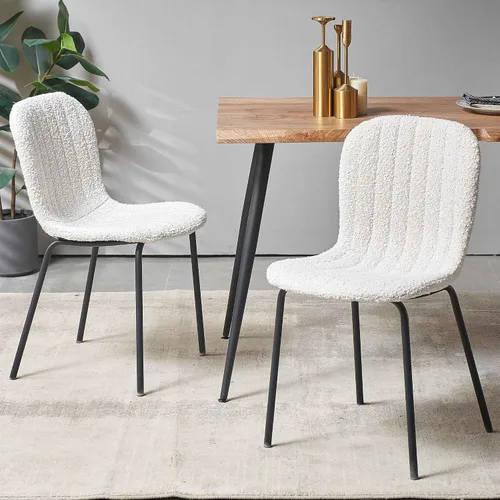Vista 8 de Juego de 4 mesas de comedor para 4 personas con sillas blancas Boucle, mesa de centro rectangular moderna de mediados de siglo, mesa de cocina