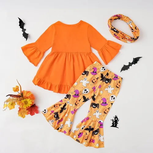 Vista 2 de Noubeau Trajes de Halloween para bebés y niñas pequeñas, con estampado de letras, manga acampanada, camisa de vestir linda calabaza con pantalones